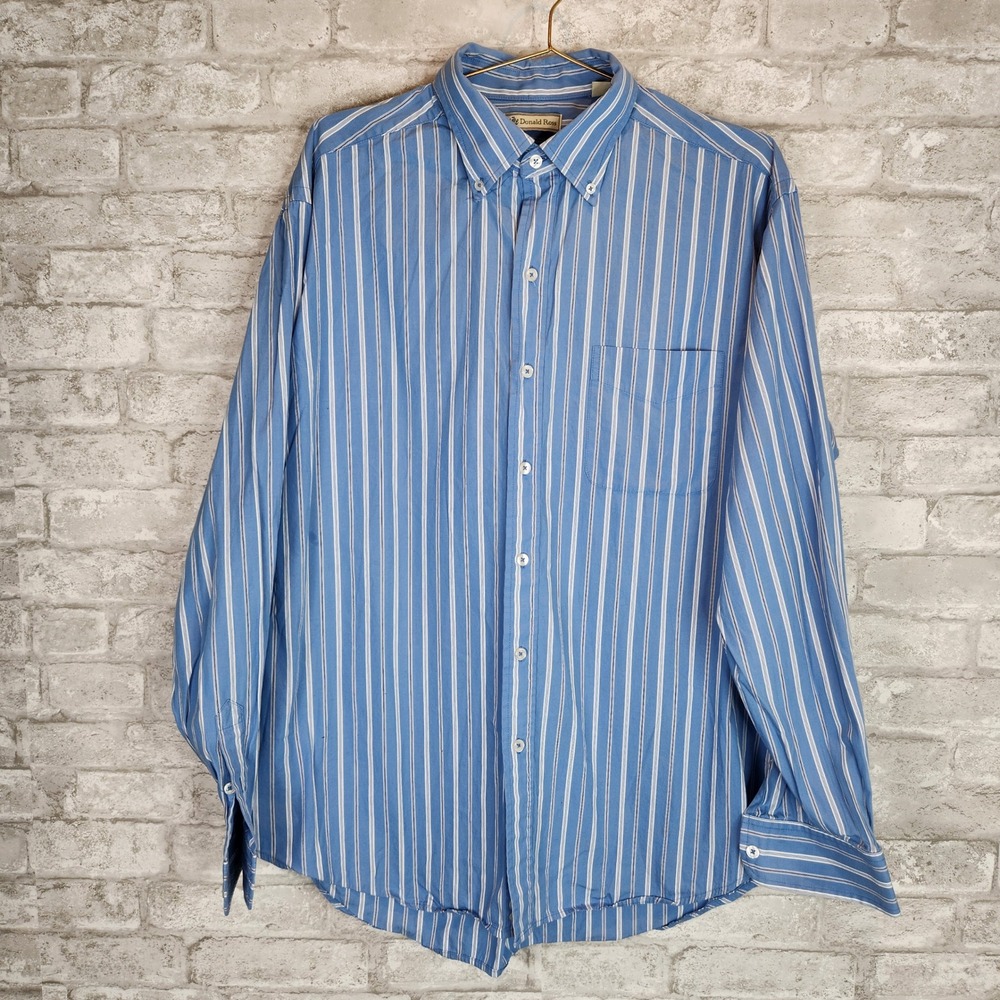 Donald Ross Shirt Blue White Striped Cotton Button Down Classic Size L